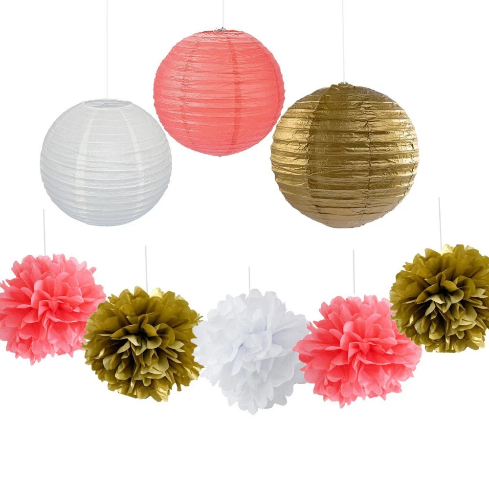 Conjunto de 9 Coral oro papel de seda blanco Poms lámparas colgantes de papel Flor de boda de ducha de bebé decoración de fiesta de cumpleaños|paper pom poms|flower ballpaper pom