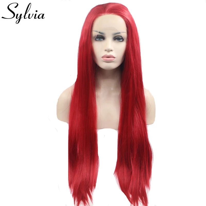 Sylvia красный шелковистые прямые синтетические кружева спереди парики Long Hot Red Glueless жаропрочных волокна волос с пробор