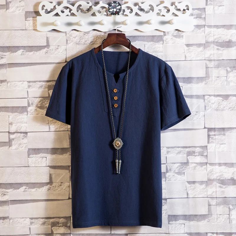 Летняя модная мужская футболка в японском стиле, тонкая льняная футболка большого размера 4XL 5XL, Мужская футболка с коротким рукавом - Цвет: Тёмно-синий