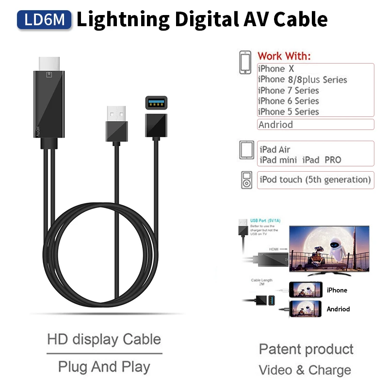 

LD6M New HDMI Cable TV Digital AV Adapter USB 1080P Full-HD Smart Converter Cable for Apple TV for iPhone x 8 8plus 7 7 plus