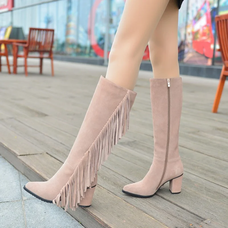 

2015 Autumn And Winter New European Style Chunky Heels Knee High Boots Leather Fringed Pointed Botines Plataforma Shose Women
