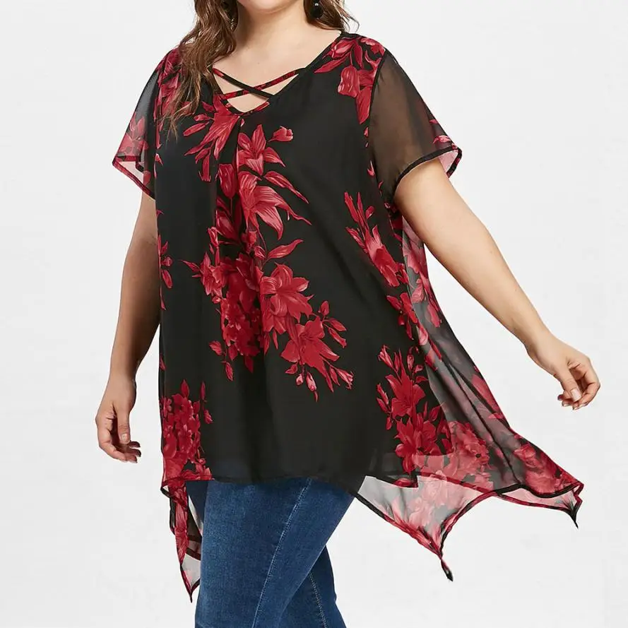 Women Plus Size 5X Blouse summer 2018 Chiffon Print Elegant Blusas