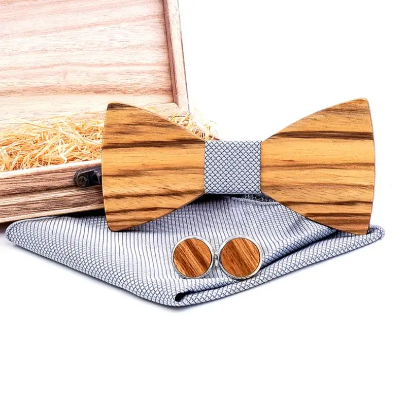  Zebra Grain Wooden Bow Tie For Men Male Trendy Necktie Wood Bowtie Handkerchief Cufflinks Set Box