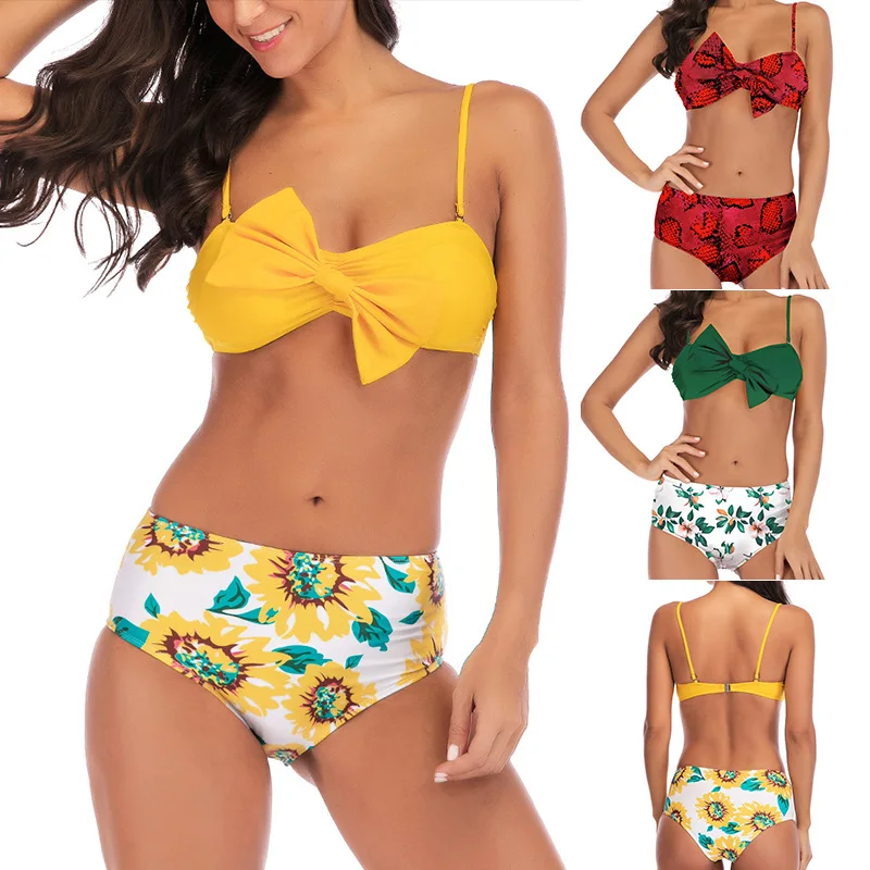 

2019 Summer Sexy High Waist Bikini Set Women Swimsuit Print Push-Up Swimwear Femme Bow Knot Bathing Suit Beach Wear Biquini