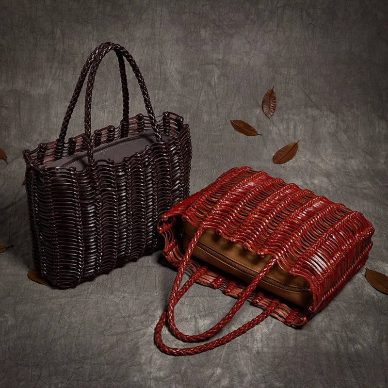 

BJYL hand-woven cowhide Women handbag high elastic braided retro mother bag genuine leather luxury fashion female shoulder bags