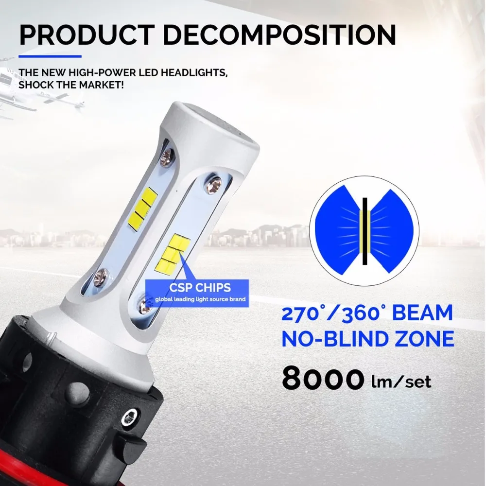 H13 9008 автомобильная светодиодная лампа для фары Hi/Lo Beam CSP 8000LM 72W 6500K все в одном