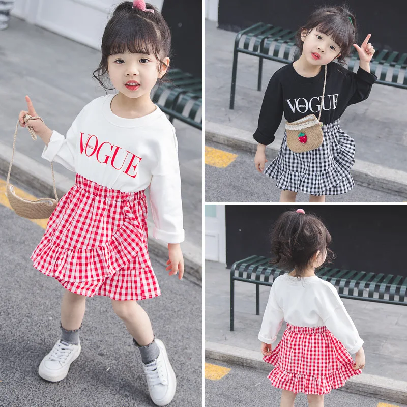 

Children 2019 spring new Korean baby girl dress two-piece baby fashion printed plaid cake dress