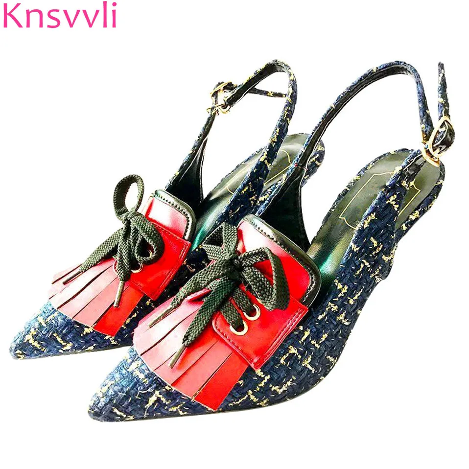 

Knsvvli pointed shoes Woman linen woolen woven black high heel pumps mixed color lace up decorate slingbacks high heel shoes