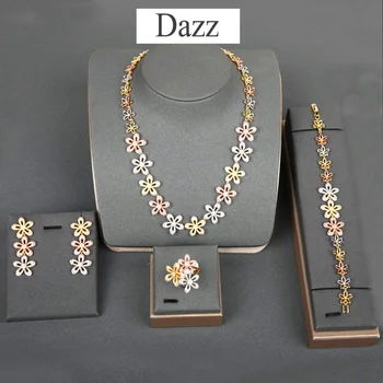 

Dazz Trendy Flowers Jewelry Set African CZ Zircon Women's Wedding Party Dubai Bridal Luxury Necklace Earrings Ring Bracelet Sets