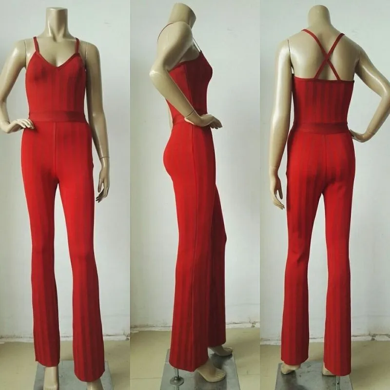 

2016 new high fashion sexy women red V neck sleeveless Elastic Full Lengt party bandage jumpsuits hl