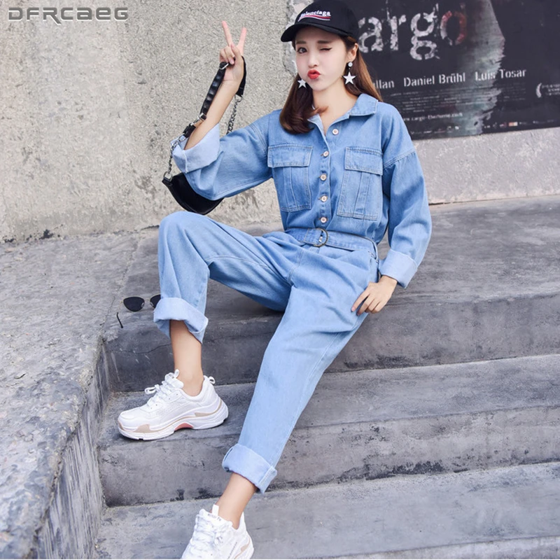 Fashion Streetwear Style Denim Overalls Women 2019 Autumn Long Sleeve Bodysuit High Waist Jeans Bodycon Romper Wide Leg Jumpsuit