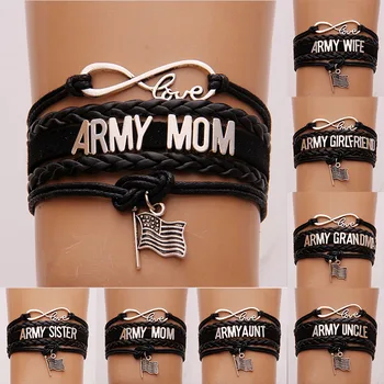 

(10pcs/lot) Infinity Love ARMY MOM/AUNT/UNCLE/WIFE/SISTER etc Family Member Bracelet Flag Charm Bracelets&Bangles Jewelry Black
