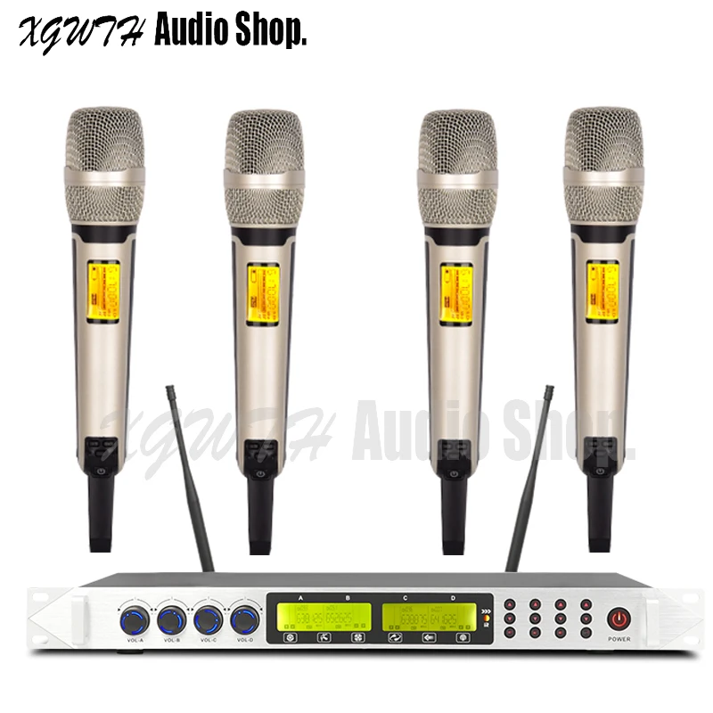 

4 x 100 Channel UHF Digital Wireless Microphone System Condenser Desktop Gooseneck Dynamic Cardioid Handheld Mic for Karaoke