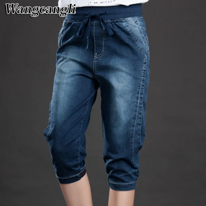 

2017 new XL-5XL Summer Large Size Jeans Woman Drawstring Elastic Slim Seven Points Pants Female Haren Feet jeans free shipping