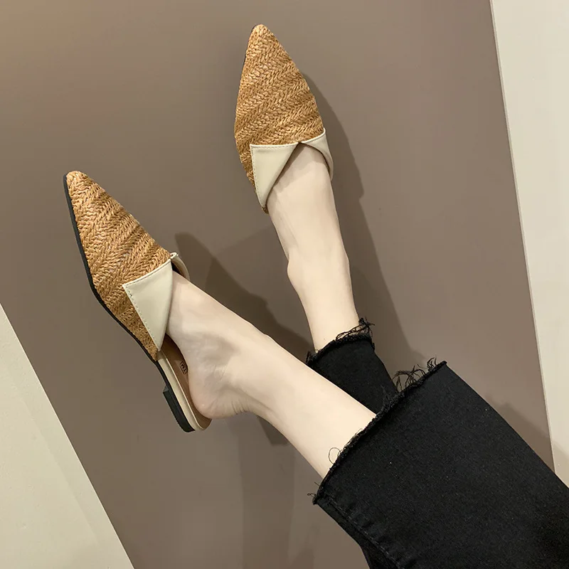 

2019 net red with the same paragraph slippers summer new fashion low with straw stitching baotou half slippers women