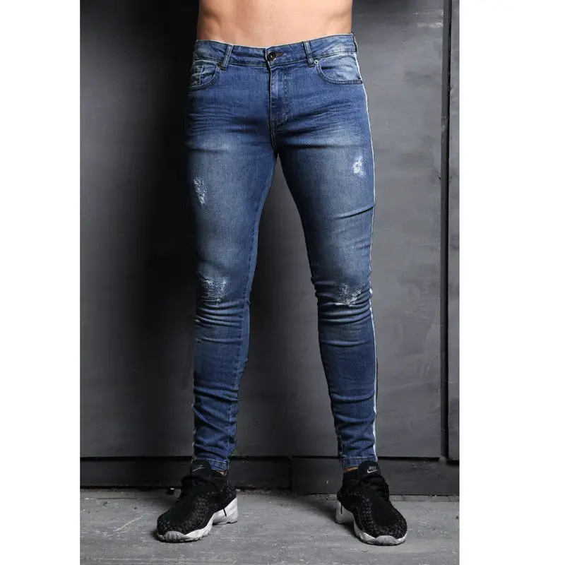 Мужские джинсы для ног Новая мода полосы контрастная прошивка колено отверстие колготки Байкер Повседневная Молодежная плюс размер