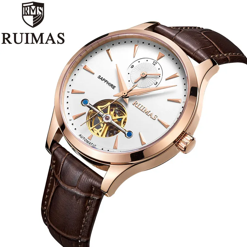 Ruimas Мужские механические часы Tourbillon Роскошные модные брендовые кожаные мужские