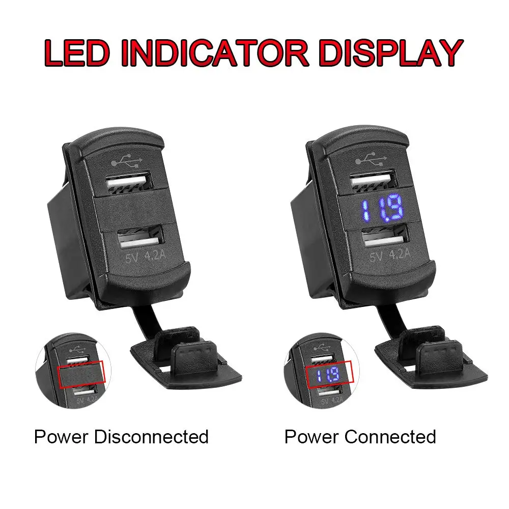 Universal Dual USB Charger Socket for UTV Waterproof Power Outlet 4.2A with Digital Voltmeter Blue LED Light for Marine,Boat