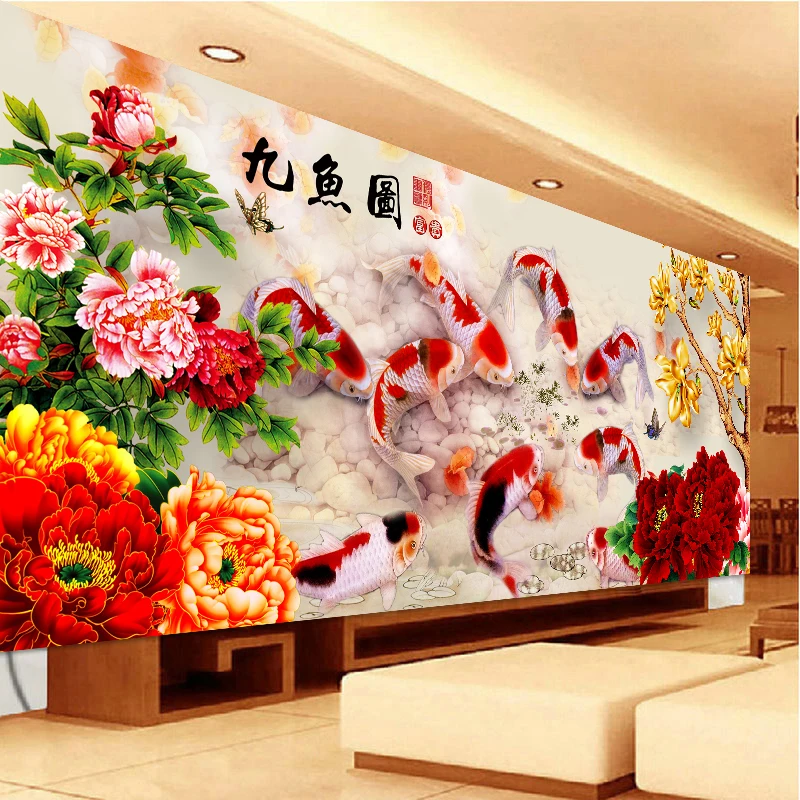 

Youran DIY 5D Partail Diamond Embroidery Nine Fish Flowers and Trees Pattern Diamond Mosaic Chinese Landscape Diamond Painting