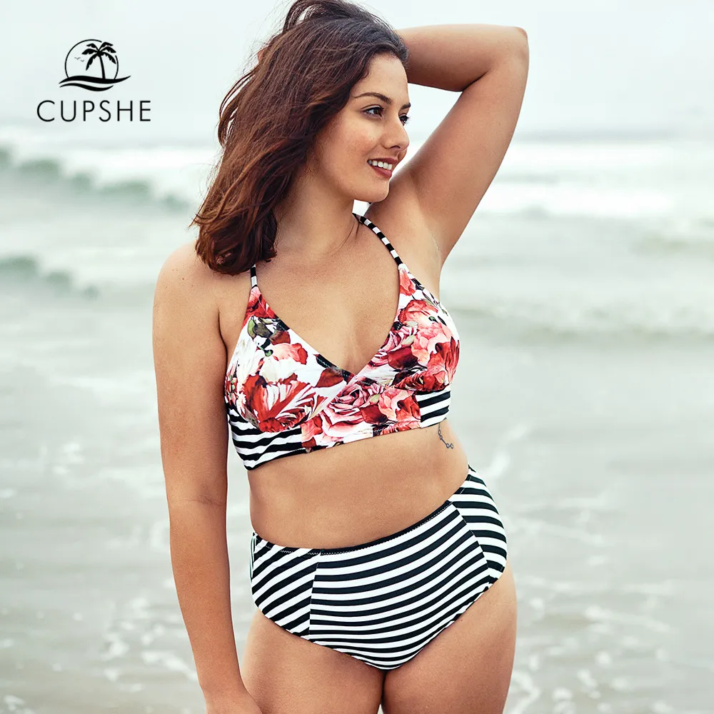 

CUPSHE Plus Size Floral Print Bikini With High-waisted Bottom Woman Two Pieces Swimsuits 2019 Girl Beach Bathing Suits Swimwear