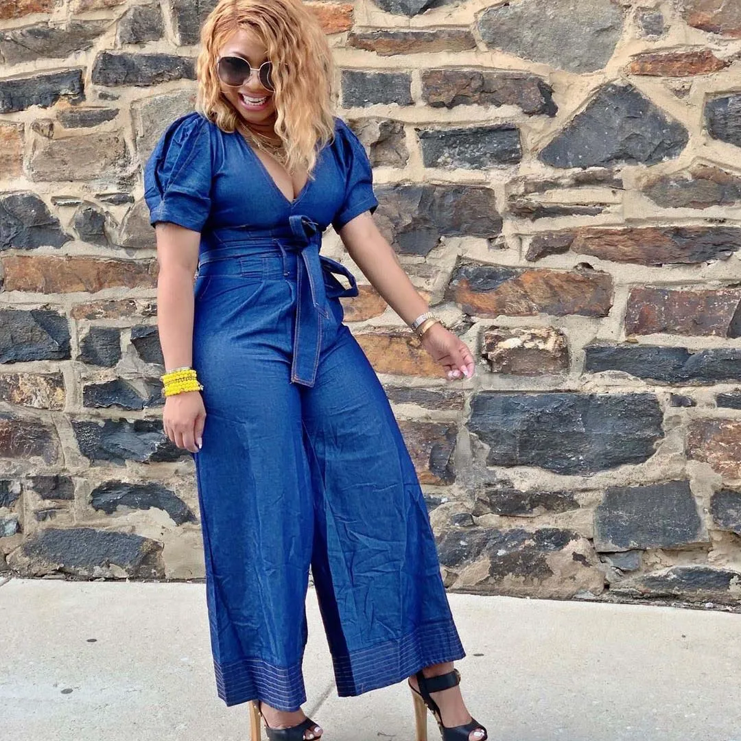 

2019 Women Denim Jumpsuit Ladies Short Sleeve Jeans Rompers Female Casual Plus Size Denim Overall Playsuit with Sashes