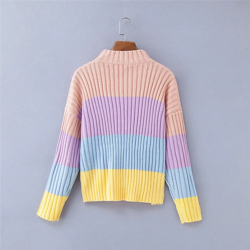 chic rainbow pullover women 2018 stripe women's sweater knitted pulover feminino manga longa inverno dropshipping #F#40OT5 (5)