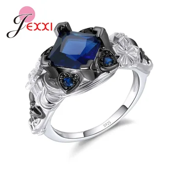 

Hot Vintage Jewelry Inlaid Square&Heart Blue Crystal 925 Sterling Silver Ring for Women Girls Engarve Flower Skull Shape