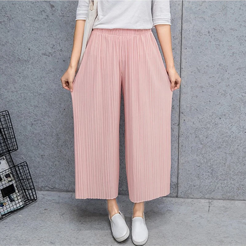 

Fold Pleated Palazzo Pants Women Bottoms 2019 Female Casual Pants Mid Waist Wide Leg Pants For Women