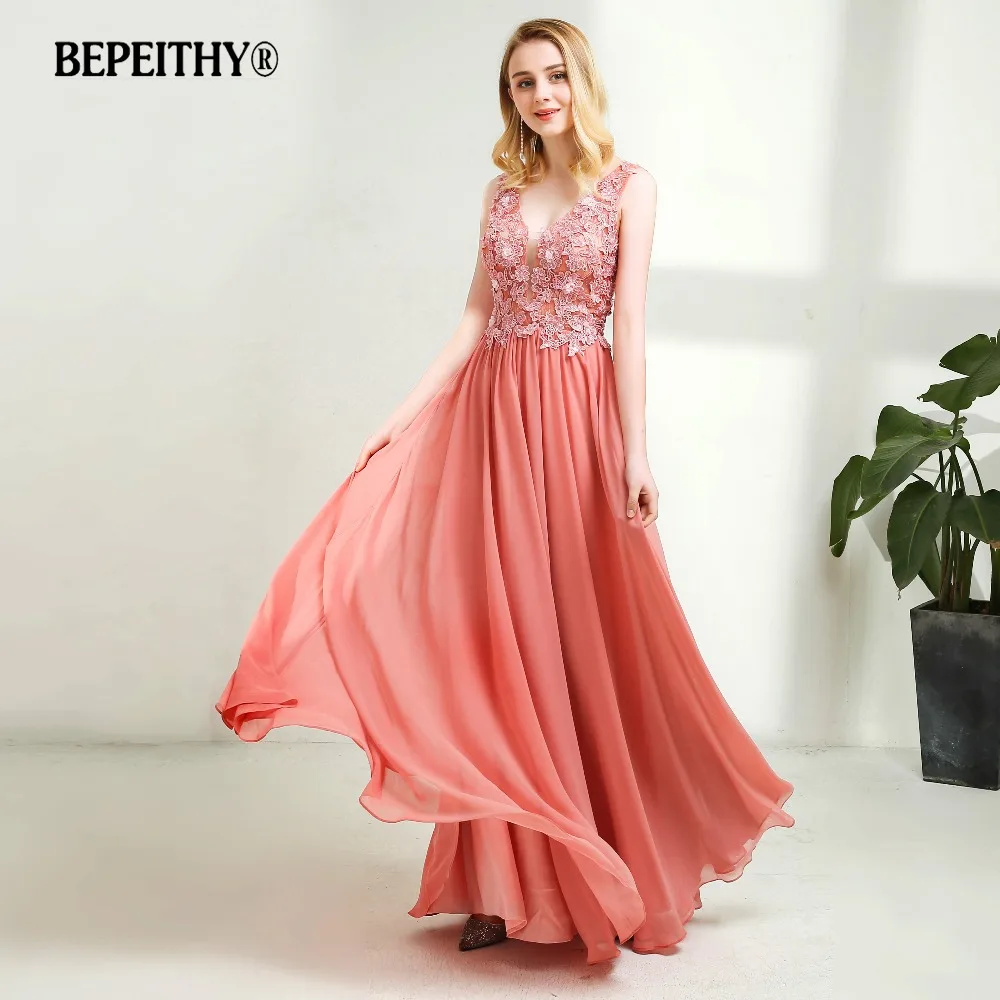 Vestido de festa, длинное вечернее платье с v-образным вырезом, розовые вечерние платья с кружевными цветами, элегантные вечерние платья, горячая Распродажа, длина до пола, платья для выпускного вечера