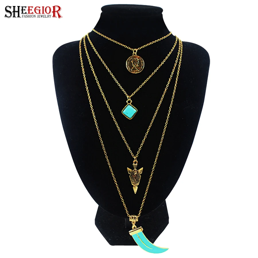 

SHEEGIOR Boho Gold/Silver Multilayer Chains Long Necklace Women Sexy Turquoises Pendants Chokers Necklaces Fashion Jewelry Gifts