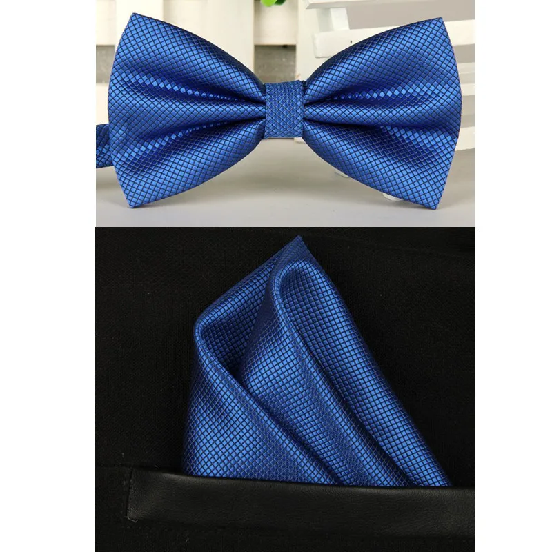 SHENNAIWEI Шелковый однотонный деловой галстук-бабочка для мужчин, винтажный фиолетовый, черный, желтый, серебристый Свадебный галстук-бабочка, карманный квадратный платок, набор, lote - Цвет: blue