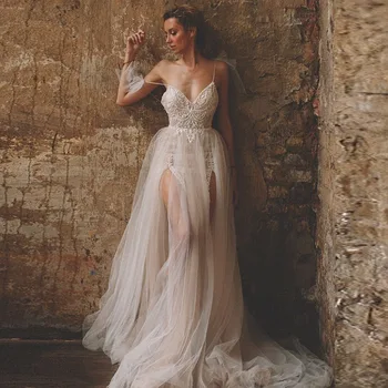 

Abiye Boho Bridal Dresses Fashion Lace Backless Spaghetti Evening Gowns Robe De Soiree Dubai Formal Dress Tulle Slit Custom Made