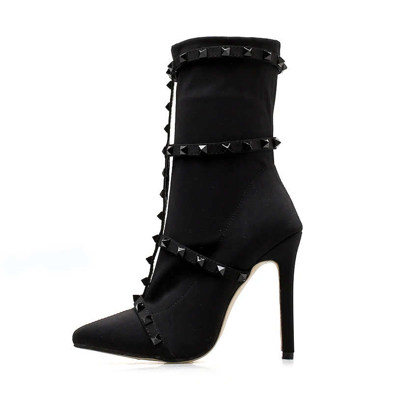 

Women Rivet Stretch Cloth Autumn Ankle Boots Ladies Sexy Pointed Toe Thin High Heels Plus Size Female Slip On Fashion Shoes