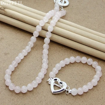 

DOTEFFIL Pink Agate 8mm Beaded Chain 925 Silver Heart Buckle Necklace Bracelet Set For Women Wedding Engagement Jewelry