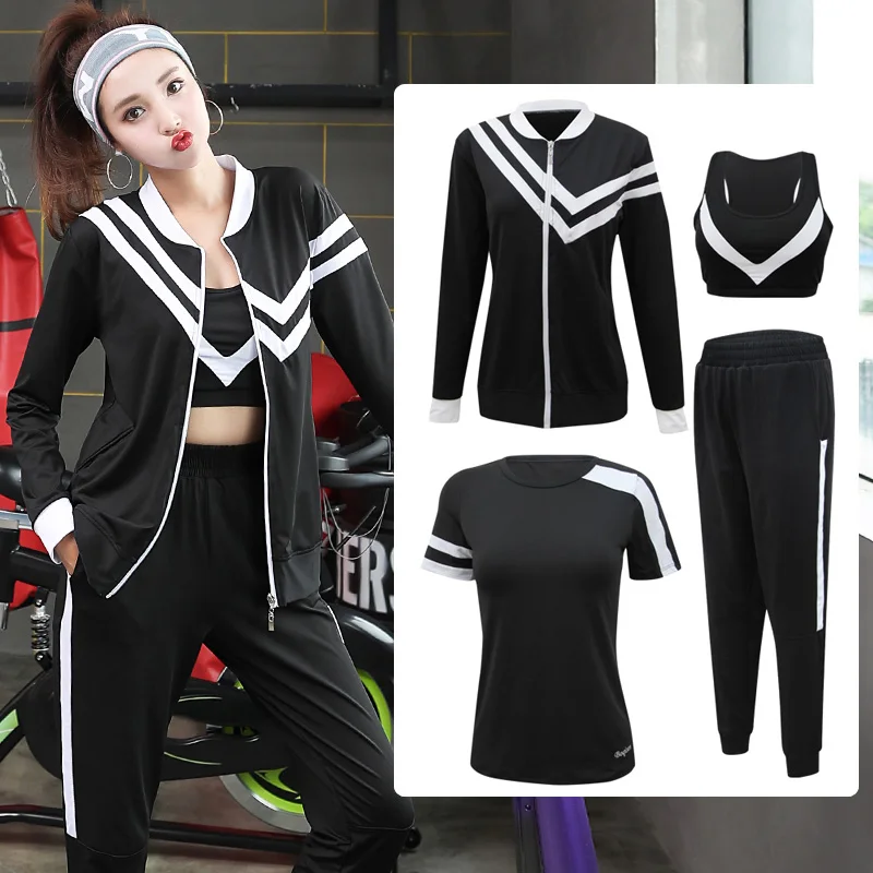 4 stks Vrouwen Sport Pak Trainingspak Yoga Set Rits Jas + T-Shirt + Beha + Broek Gym Pak workout Kleding Fitness Sportwear Voor Vrouwen 4 stks Vrouwen Sport Pak Trainingspak Yoga Set Rits Jas + T-Shirt + Beha + Broek Gym Pak workout Kleding Fitness Sportwear Voor Vrouwen