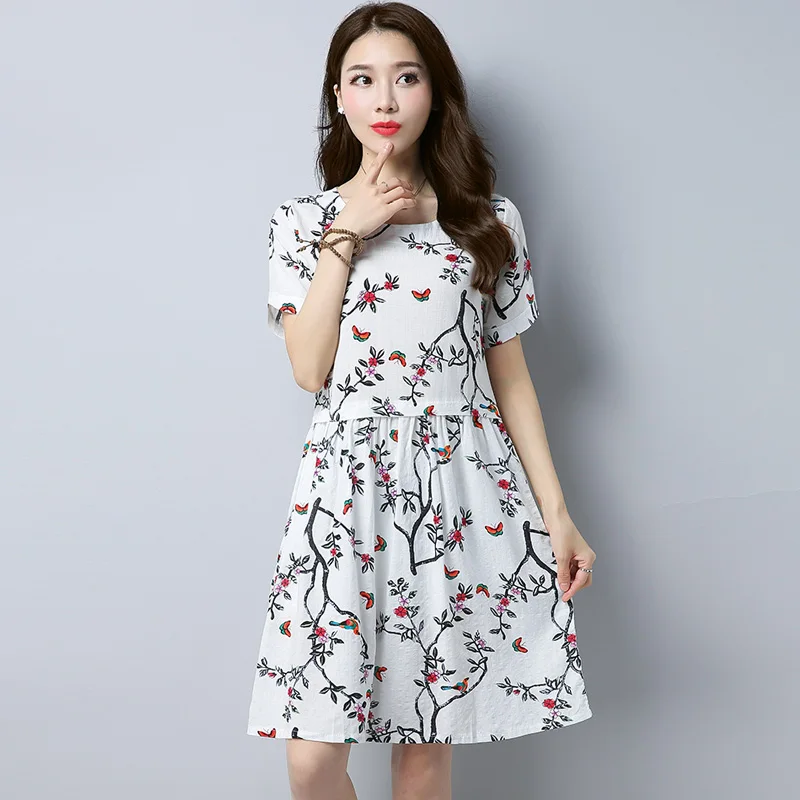 

Flower Print Summer Dress 2019 New O-Neck Short Sleeve Patchwork A-Line Dress Chic Cotton Linen Party Dresses Robe Femme