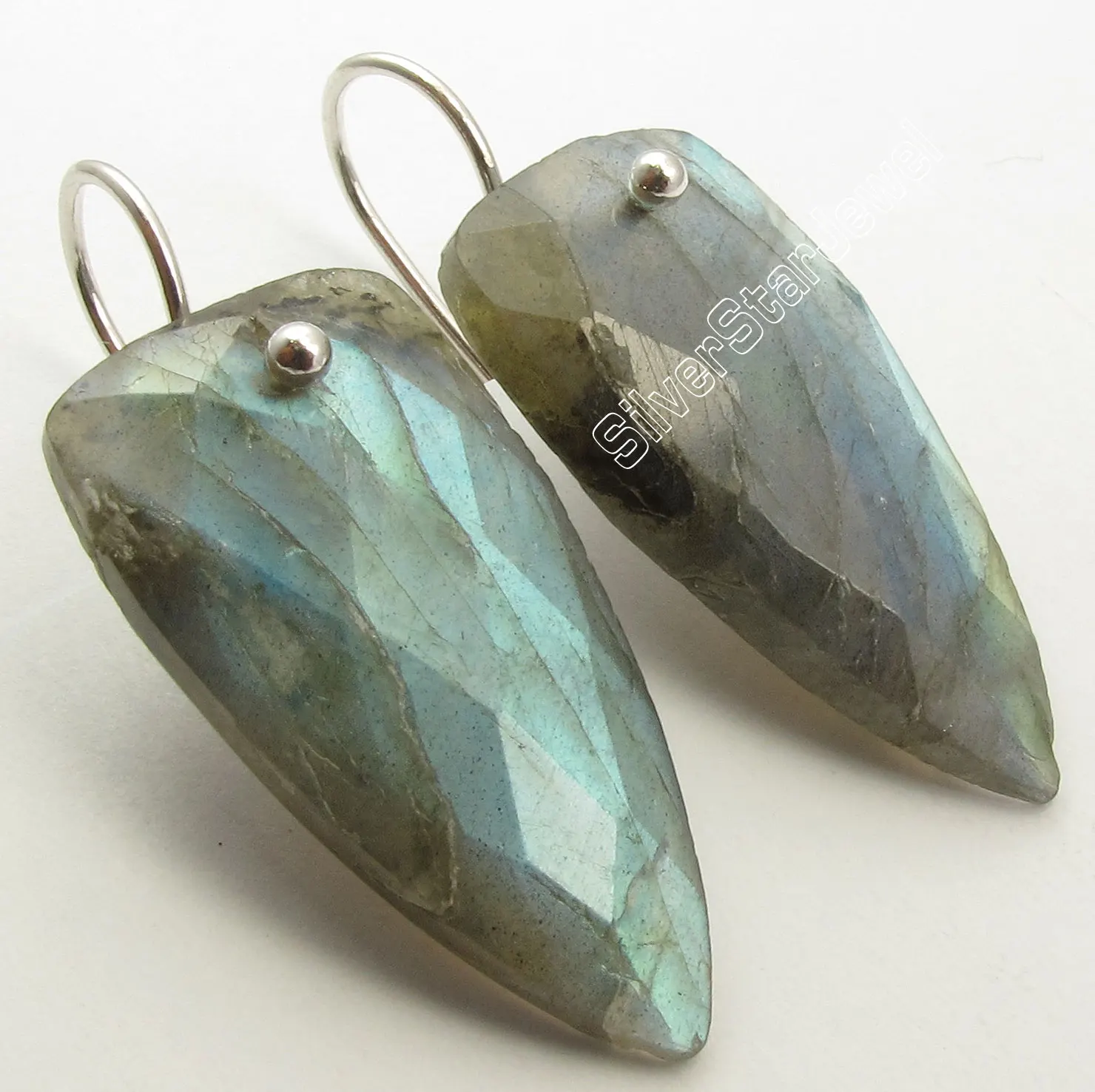 Solid Silver LABRADORITE Fancy Triangle Gemset Urban Style Earrings 3 7CM