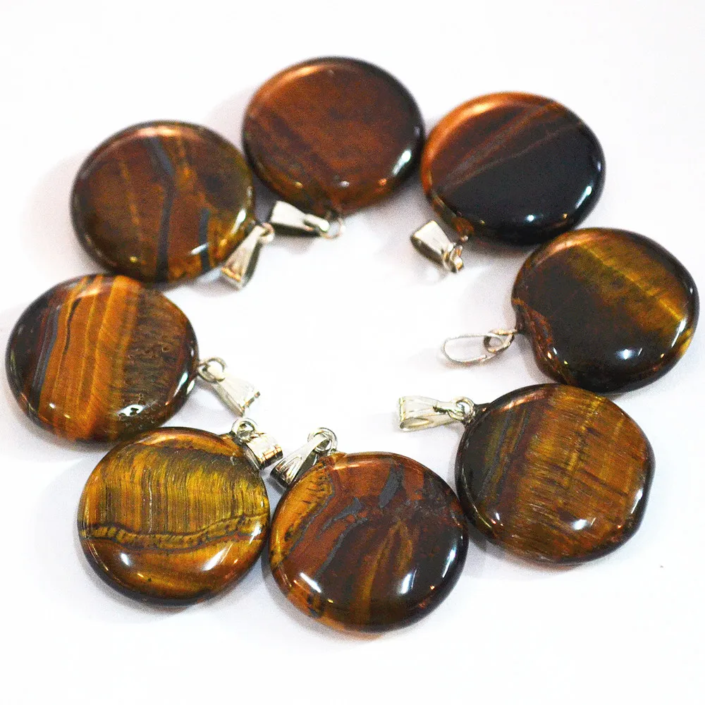 

Wholesale Hot Sale Fashion Round Cake Natural Stone Tiger Eye Pendants Charms For Necklaces Jewelry Making 50PCS Free Shipping