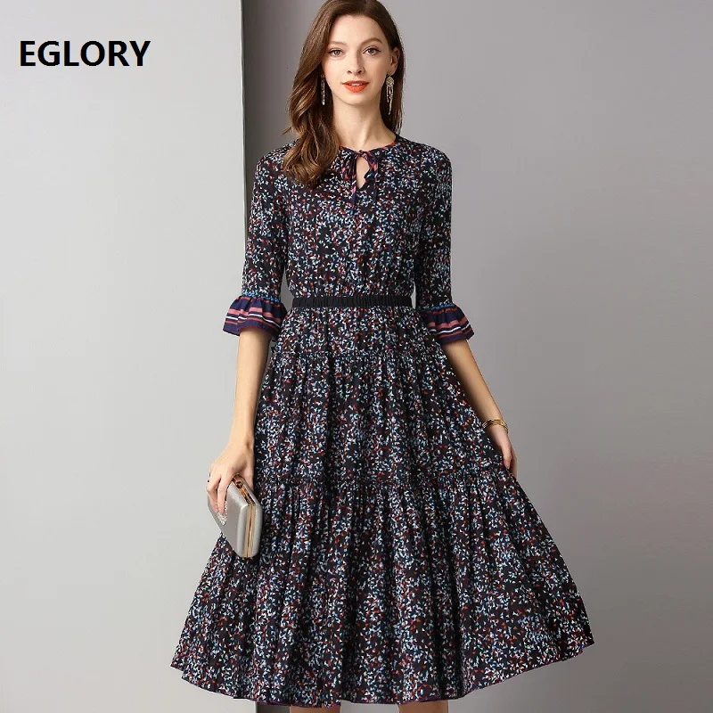 

2019 Spring Summer Fashion Style Dress Women Vintage Geometric Print Flare Sleeve Mid-Calf Length Large Swing Dress Bohemian