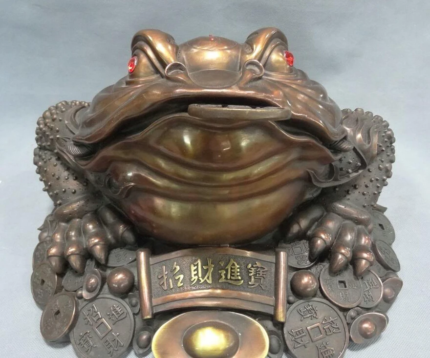 

USPS to USA S1639 17" Chinese Pure Bronze Diagrams Wealth YuanBao Coin Hoptoad Toad Statue Set B0401