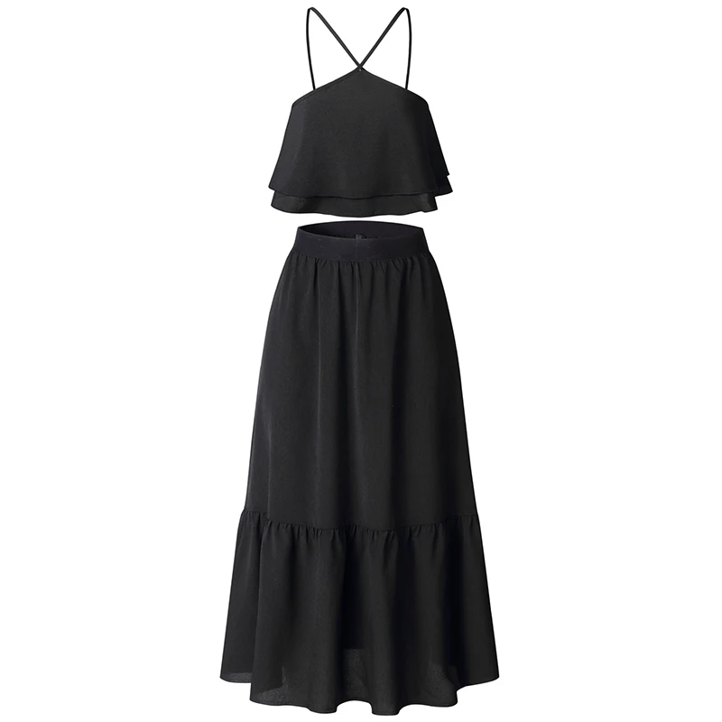 Women Two Piece Halter Neck Sleeveless Crop Tops+A-Line Skirt Set Lady Sexy Beach Party Dress Sets Woman Black Green Skirt Suit