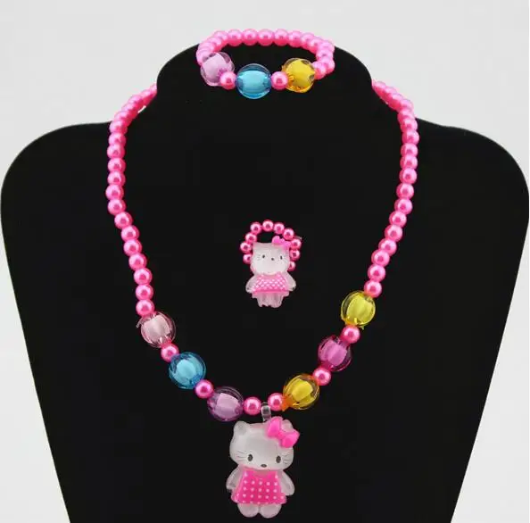 

1set Baby Girl Lovely Cartoon Cute cat Necklace/Bracelet/Ring Children Kids Imitation Pearls Jewelry Set Xmas holiday party Gift