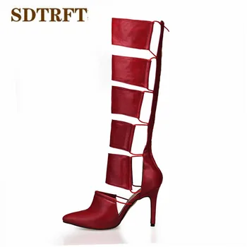 

SDTRFT Summer Sandals cool Stilettos 12cm thin heels Knee-High boots Pointed Toe shoes Woman Crossdresser Botas Red Zipper pumps