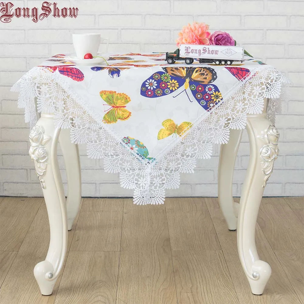 

2019 Newest Elegant Lace Trimming Decorative Butterfly Jacquard Tablecloth With Wide Embroidered Lace