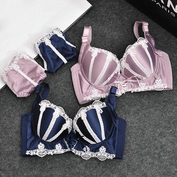 

Luxury deep V lingerie set brand sexy silk belt push up women bra set cotton thick cup adjustable side gather young girl bra set