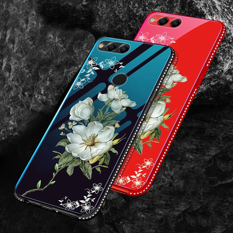 

Luxury glass shell jasmine lily flower Phone Case For Huawei Honor 7X Honor7X Floral Cases For Huawei Honor 7X Cover
