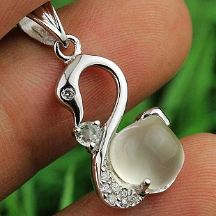 

New Year gift lady natural crystal Moonstone Pendant OPAL 925 fluorescent silver swan