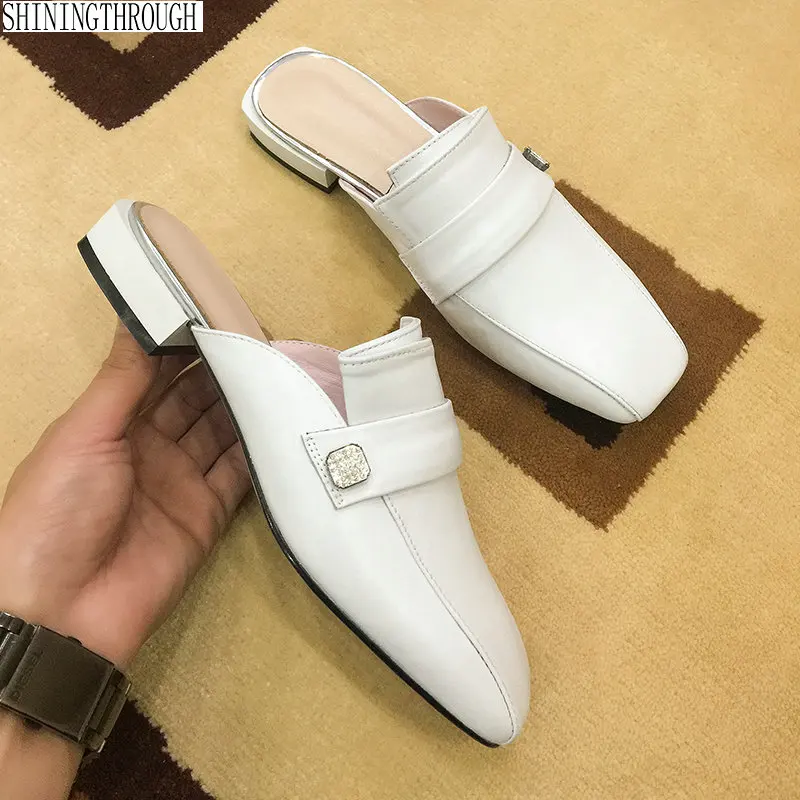 

Vintage Mules Women slippers shoes Summer New Genuine Leather Sandals Square Toe Square Heeled Shoes Woman size 42 43