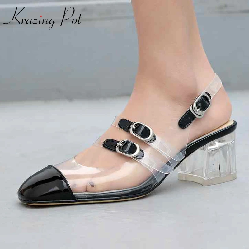 

Krazing pot cow leather transparent TPU material crystal med heel square toe runway shallow bling slingback party sexy pumps L38