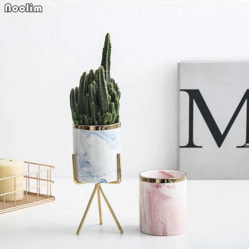 NOOLIM 1 pc Ceramic Marble Flower Planters with Gold Iron Shelf